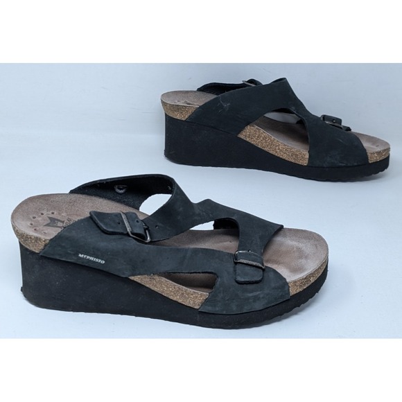 Mephisto Terie Women's Size 41 / US 9.5 Nubuck Two Buckle Wedge Sandals‎ Black - Picture 1 of 8